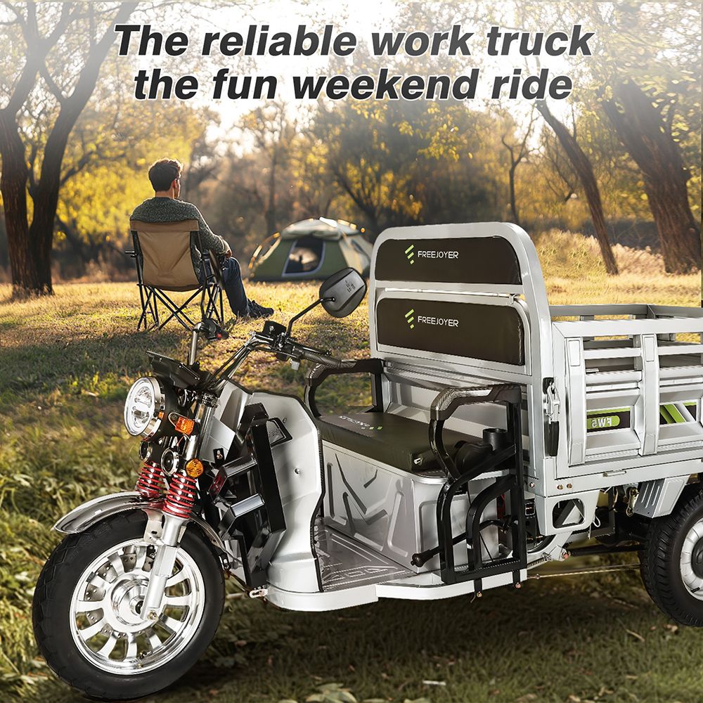 Freejoyer FW5 Elektrisches Lastendreirad, 3000-W-Motor, 72-V-58-Ah-Akku, 45 km/h Höchstgeschwindigkeit, 86 km Reichweite, Scheibenbremse vorne und Trommelbremse hinten, Stoßdämpfung vorne und hinten – Silber