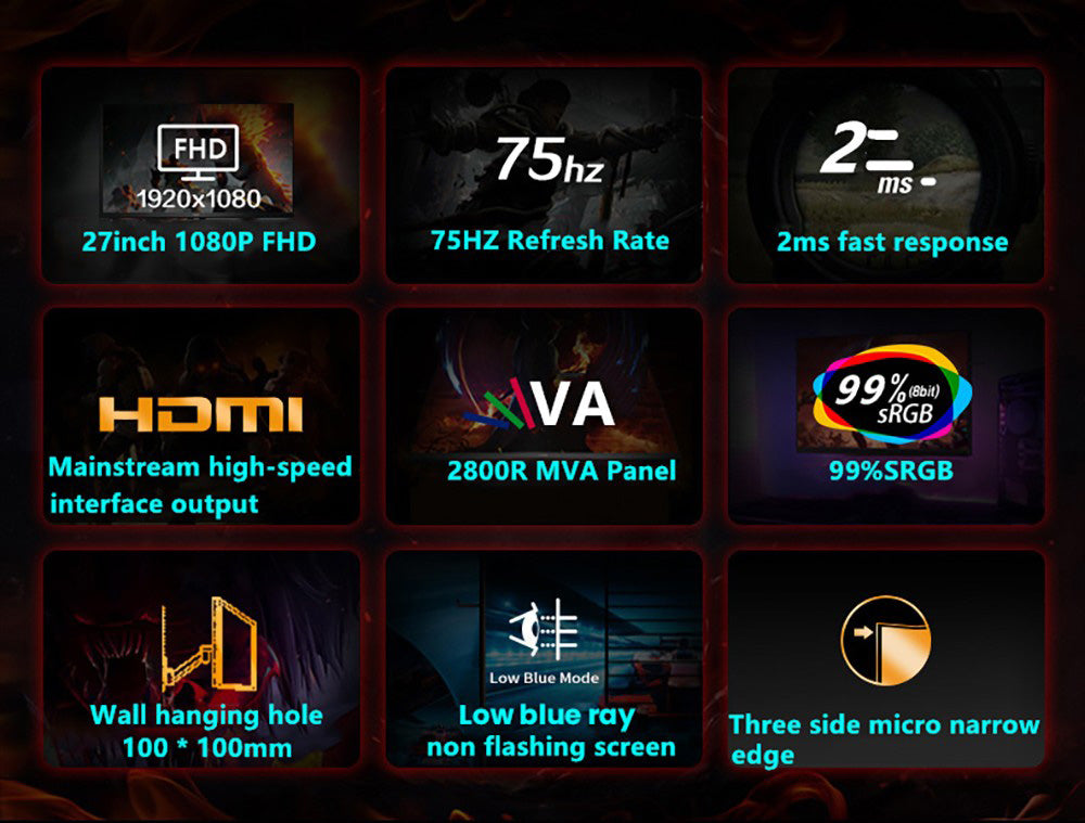 FYHXele FY24FMC-B Gaming Monitor, 24inch 1080P FHD 16:9 VA Screen, 75Hz Refresh Rate, 2800R MVA Panel, 2ms Response Time, 99% sRGB, Adjustable Tilt, Black