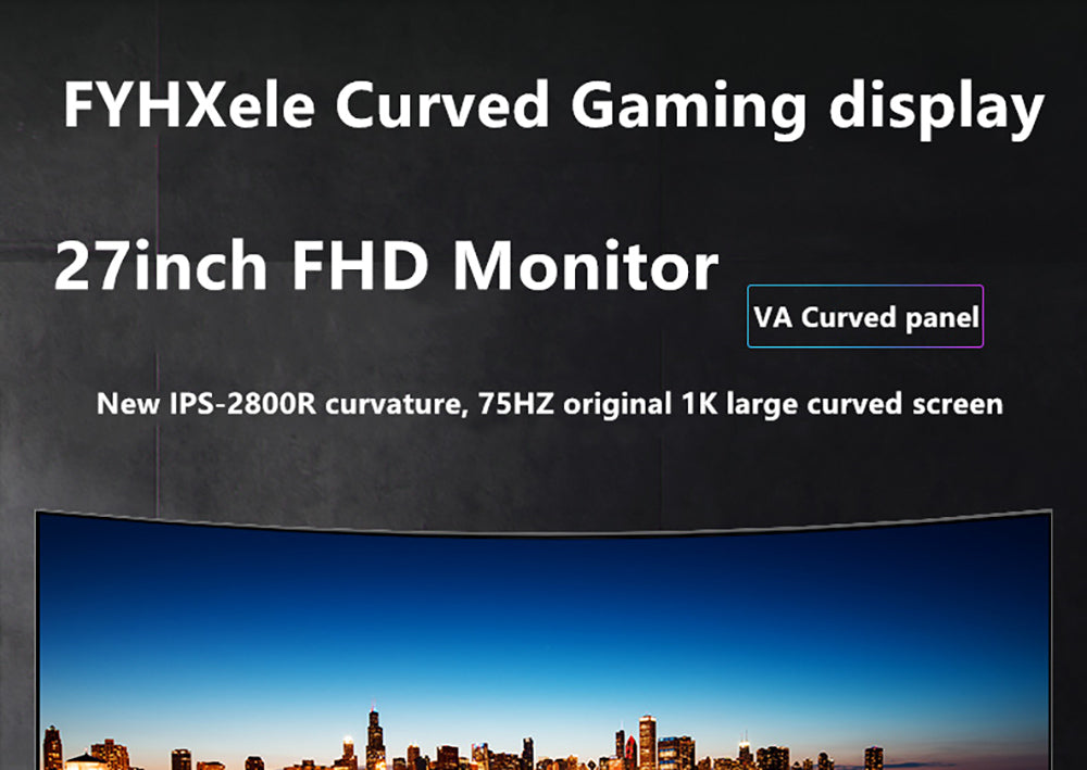 FYHXele FY27FMC-B 27-inch 2800R Curved Gaming Monitor, 1920*1080 FHD 16:9 VA Screen, 75Hz Refresh Rate, 2ms Response Time, 99% sRGB, 1*HDMI 1*VGA 1*Audio, Adjustable Tilt