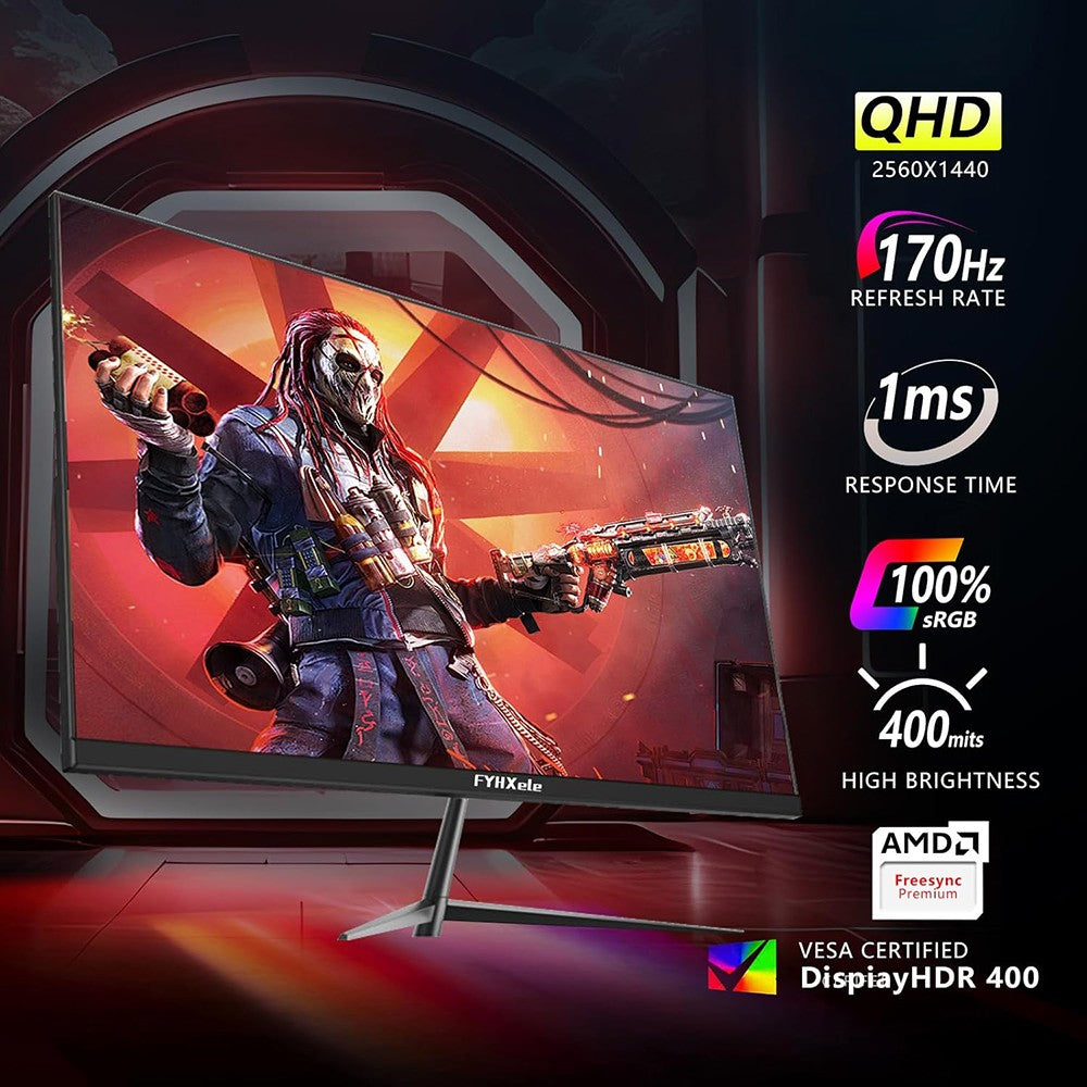 FYHXele FY27QHM2 27-inch Monitor, 2560*1440 QHD 16:9 IPS Screen, 170Hz Refresh Rate, 1ms GTG Response Time, 100% sRGB, 1000:1 Contrast, FreeSync, 1*DP 1.4 2*HDMI 2.0 1*USB 2.0 1*Audio, Tilt Adjustment & VESA Mount