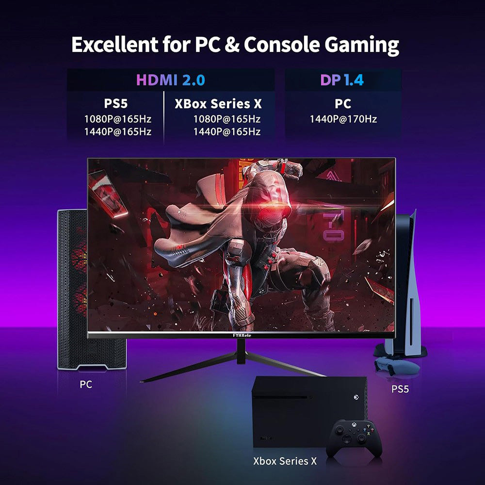 FYHXele FY27QHM2 27-inch Monitor, 2560*1440 QHD 16:9 IPS Screen, 170Hz Refresh Rate, 1ms GTG Response Time, 100% sRGB, 1000:1 Contrast, FreeSync, 1*DP 1.4 2*HDMI 2.0 1*USB 2.0 1*Audio, Tilt Adjustment & VESA Mount