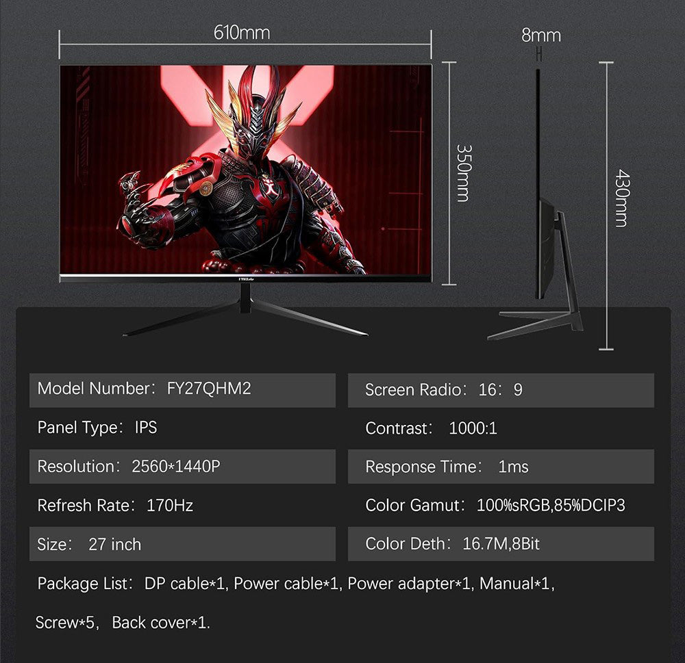FYHXele FY27QHM2 27-inch Monitor, 2560*1440 QHD 16:9 IPS Screen, 170Hz Refresh Rate, 1ms GTG Response Time, 100% sRGB, 1000:1 Contrast, FreeSync, 1*DP 1.4 2*HDMI 2.0 1*USB 2.0 1*Audio, Tilt Adjustment & VESA Mount