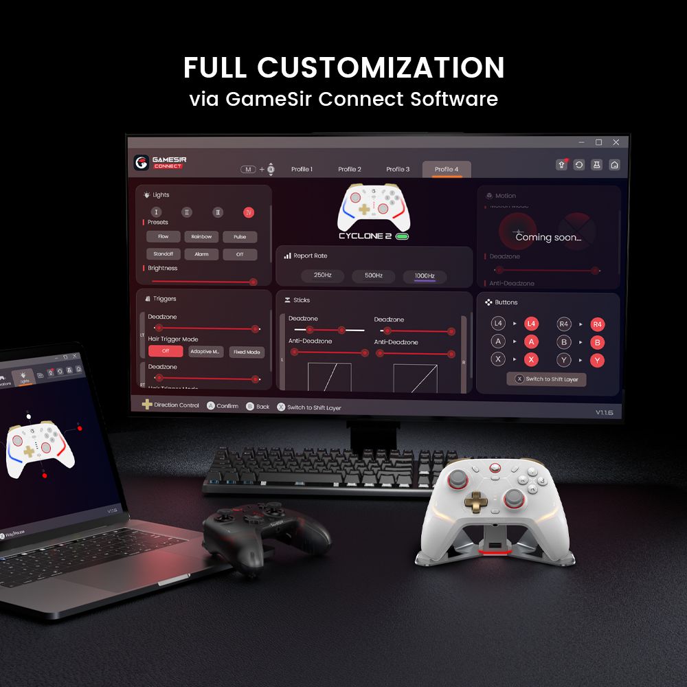 GameSir Cyclone 2 Mando para Juegos, Conexión Tri-modo, Compatible con PC / Steam / Android / iOS / Switch, Joysticks Mag-Res TMR, 3 Modos de Gatillo, Motores de Vibración, Luces RGB - Negro, Edición Paquete