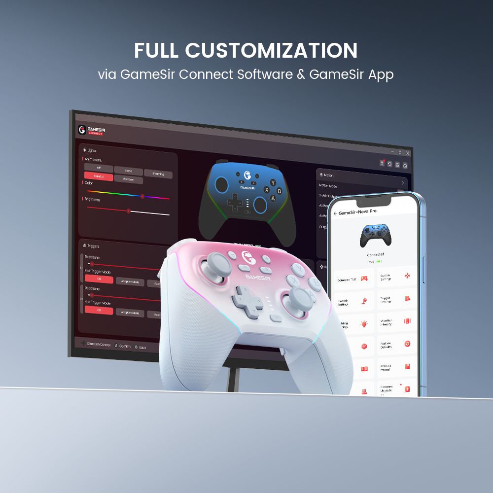GameSir Super Nova Mando para Juegos, Joystick y Gatillo con Efecto Hall, Placa Frontal Desmontable, Iluminación RGB, Compatible con PC / Android / iOS / Switch - Azul