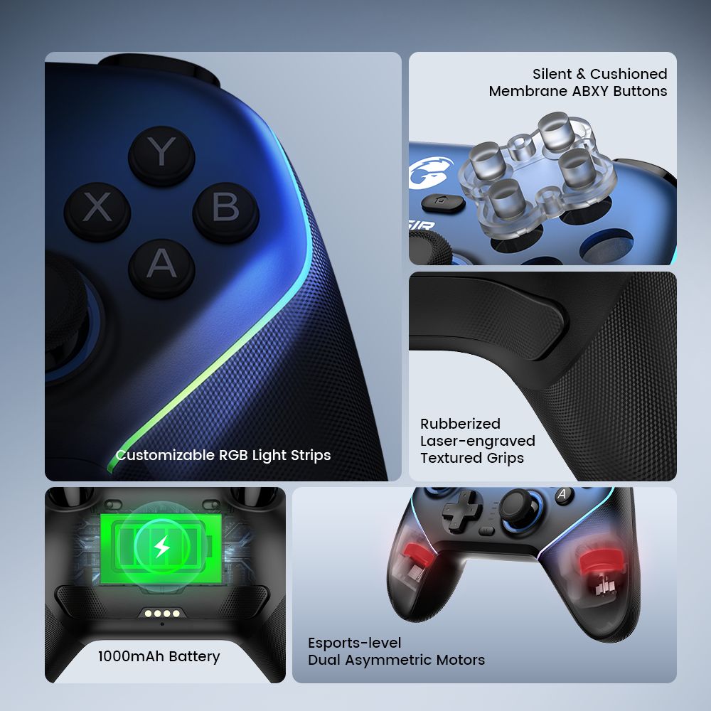GameSir Super Nova Mando para Juegos, Joystick y Gatillo con Efecto Hall, Placa Frontal Desmontable, Iluminación RGB, Compatible con PC / Android / iOS / Switch - Azul