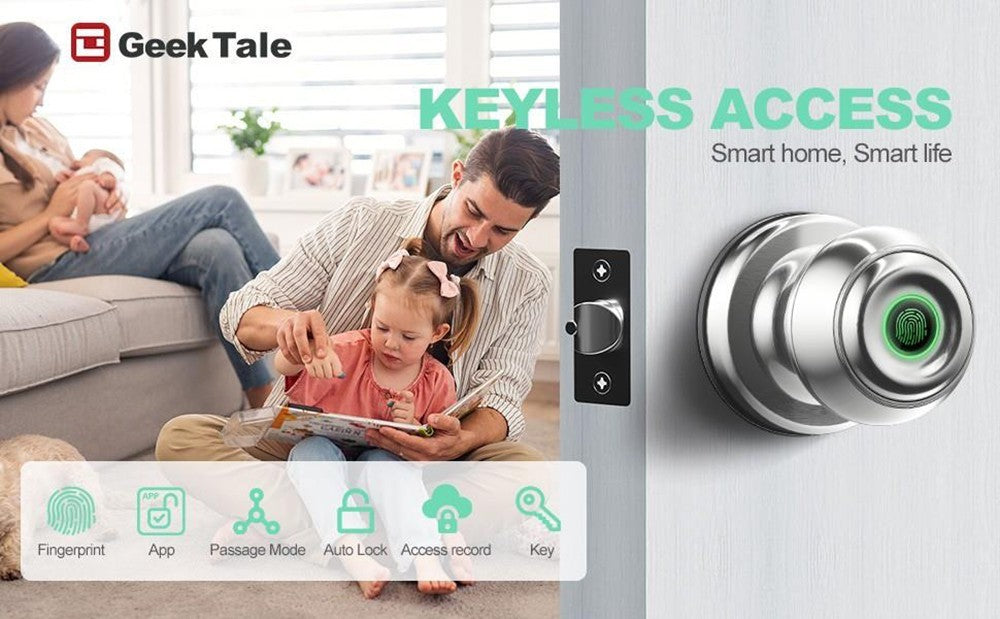 Pomo de puerta inteligente Geek Chef GeekTale K01-05, cerradura de puerta biométrica con huella dactilar, control por aplicación, llaves de respaldo de emergencia - Plata