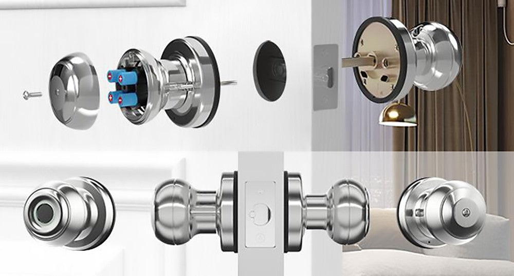 Pomo de puerta inteligente Geek Chef GeekTale K01-05, cerradura de puerta biométrica con huella dactilar, control por aplicación, llaves de respaldo de emergencia - Plata