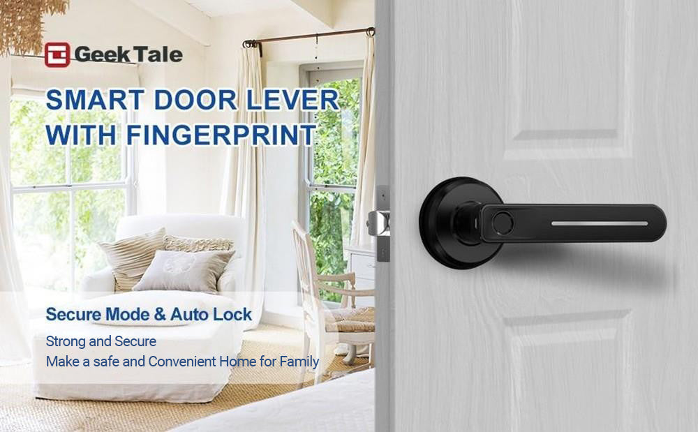 Cerradura de puerta con huella dactilar Geek Chef GeekTale L-B01 con manija, pomo de puerta biométrico inteligente sin llave, apta para puertas que abren a la izquierda y a la derecha.