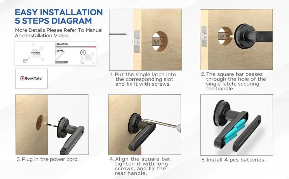 Cerradura de puerta con huella dactilar Geek Chef GeekTale L-B01 con manija, pomo de puerta biométrico inteligente sin llave, apta para puertas que abren a la izquierda y a la derecha.