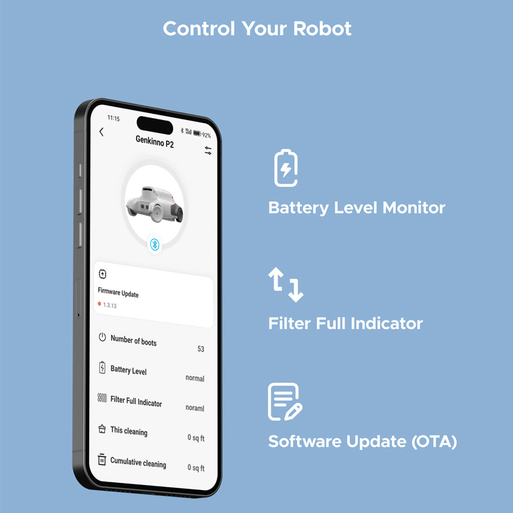 Robot Limpiafondos Inalámbrico Genkinno P2, 70W de Succión, 120 min de Autonomía, Planificación de Trayectoria AdaptiveNav, Tecnología AdaptiveSuc, Control Remoto por APP, para Piscinas Planas Elevadas/Enterradas, Blanco - Enchufe UE