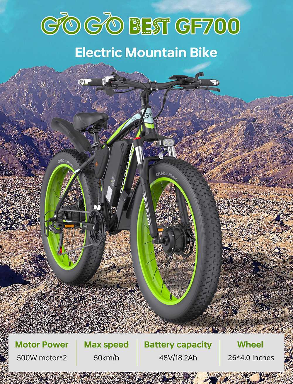 GOGOBEST GF700 26*4.0 Inch Fat Tire Electric Mountain Bike 48V 18.2Ah Battery 2*500W Dual Motor Max Speed 50Km/h 70KM Power-Assisted Range Max Load 200KG IP54 Waterproof Hydraulic Disc Brake MTB Bike 6061 Aluminum Alloy Frame - Black Green