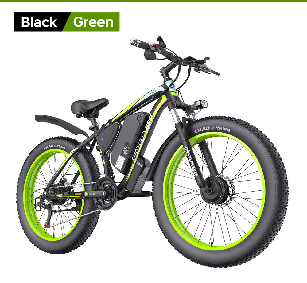 GOGOBEST GF700 26*4.0 Inch Fat Tire Electric Mountain Bike 48V 18.2Ah Battery 2*500W Dual Motor Max Speed 50Km/h 70KM Power-Assisted Range Max Load 200KG IP54 Waterproof Hydraulic Disc Brake MTB Bike 6061 Aluminum Alloy Frame - Black Green