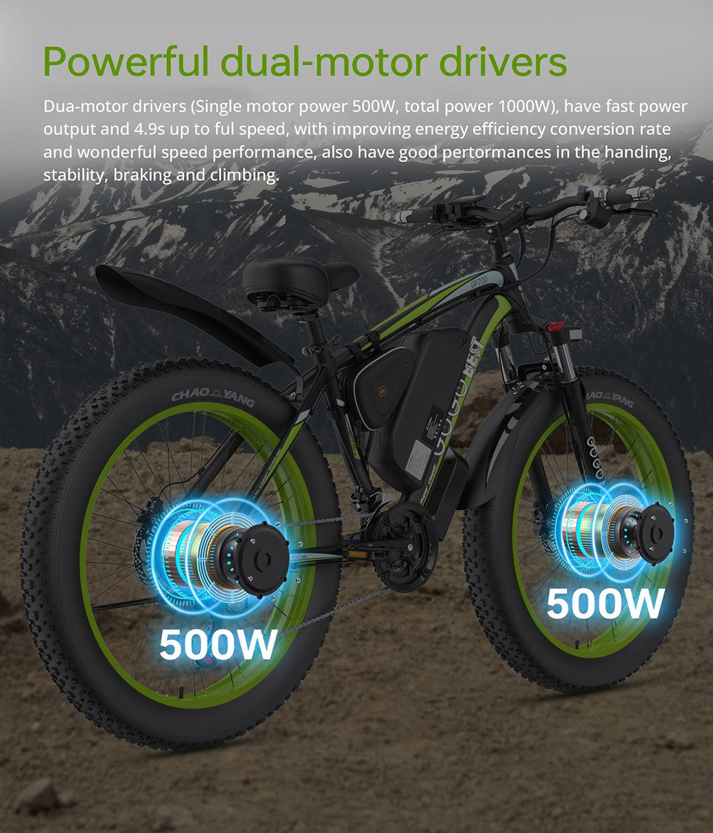 GOGOBEST GF700 26*4.0 Inch Fat Tire Electric Mountain Bike 48V 18.2Ah Battery 2*500W Dual Motor Max Speed 50Km/h 70KM Power-Assisted Range Max Load 200KG IP54 Waterproof Hydraulic Disc Brake MTB Bike 6061 Aluminum Alloy Frame - Black Green