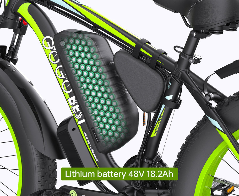 GOGOBEST GF700 26*4.0 Inch Fat Tire Electric Mountain Bike 48V 18.2Ah Battery 2*500W Dual Motor Max Speed 50Km/h 70KM Power-Assisted Range Max Load 200KG IP54 Waterproof Hydraulic Disc Brake MTB Bike 6061 Aluminum Alloy Frame - Black Green
