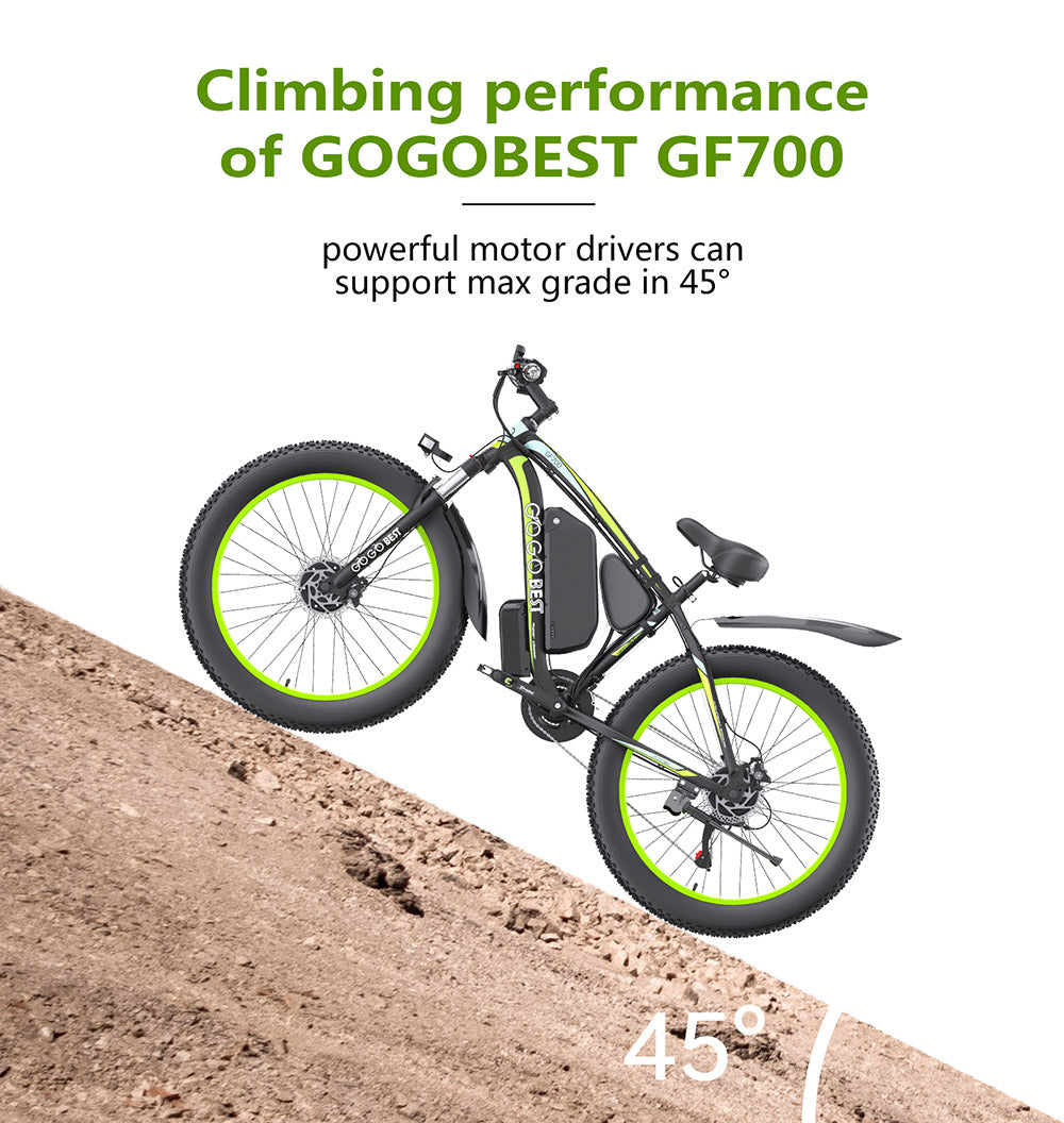 GOGOBEST GF700 26*4.0 Inch Fat Tire Electric Mountain Bike 48V 18.2Ah Battery 2*500W Dual Motor Max Speed 50Km/h 70KM Power-Assisted Range Max Load 200KG IP54 Waterproof Hydraulic Disc Brake MTB Bike 6061 Aluminum Alloy Frame - Black Green