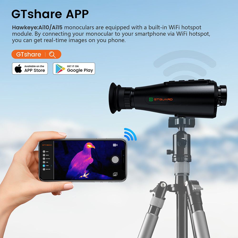 Monocular de visión nocturna con imagen térmica GTGUARD AI15, frecuencia de actualización de pantalla de 60 Hz, zoom digital de 1-8x, resolución de 384*288, impermeable IP66, almacenamiento integrado de 32 GB, 5 modos de imagen, batería de 4000 mAh.