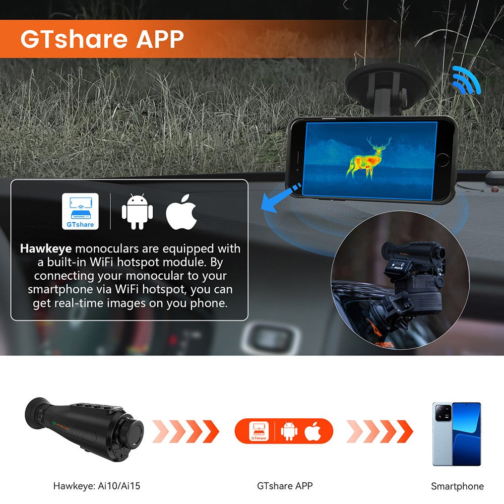 Monocular de visión nocturna con imagen térmica GTGUARD AI15, frecuencia de actualización de pantalla de 60 Hz, zoom digital de 1-8x, resolución de 384*288, impermeable IP66, almacenamiento integrado de 32 GB, 5 modos de imagen, batería de 4000 mAh.