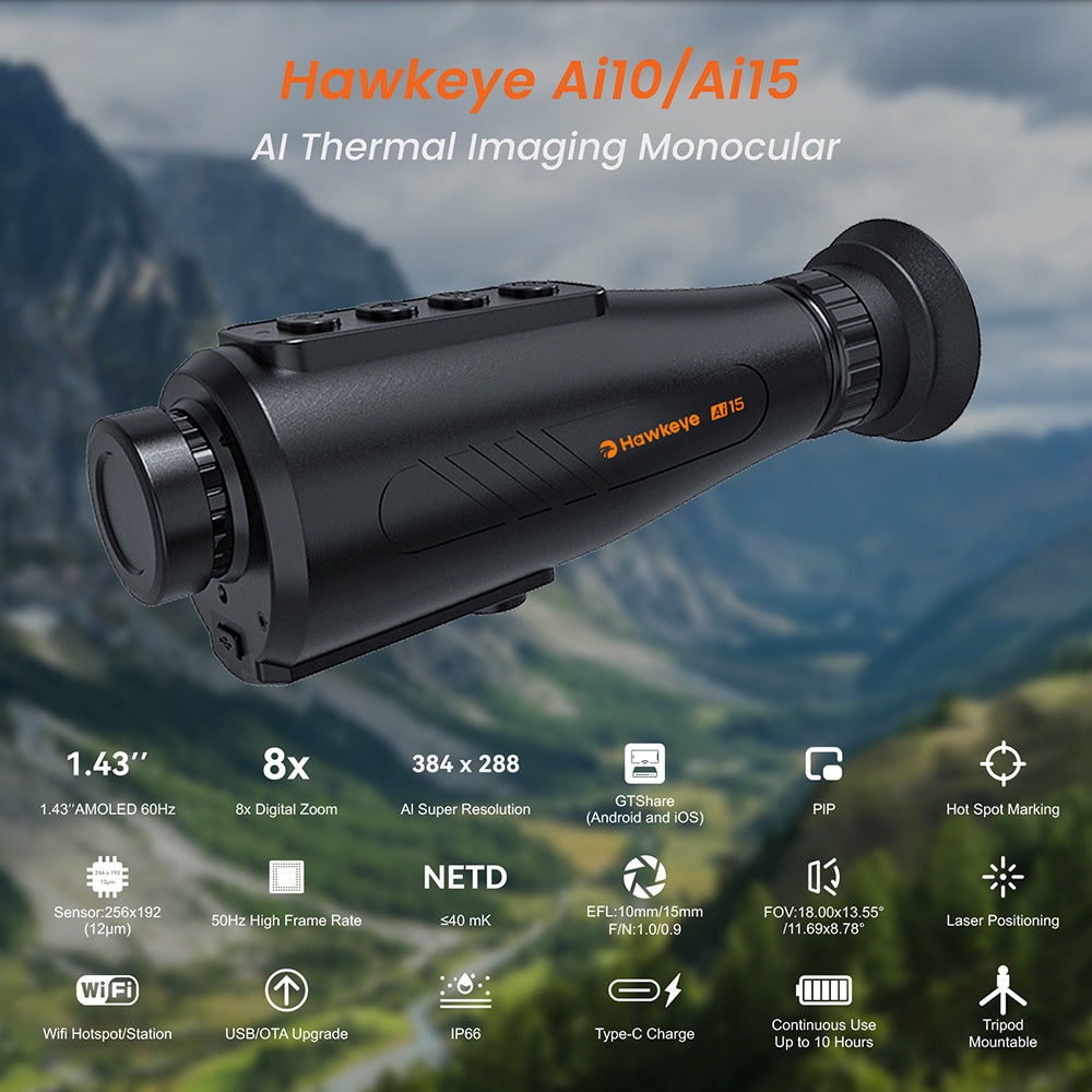Monocular de visión nocturna con imagen térmica GTGUARD AI15, frecuencia de actualización de pantalla de 60 Hz, zoom digital de 1-8x, resolución de 384*288, impermeable IP66, almacenamiento integrado de 32 GB, 5 modos de imagen, batería de 4000 mAh.