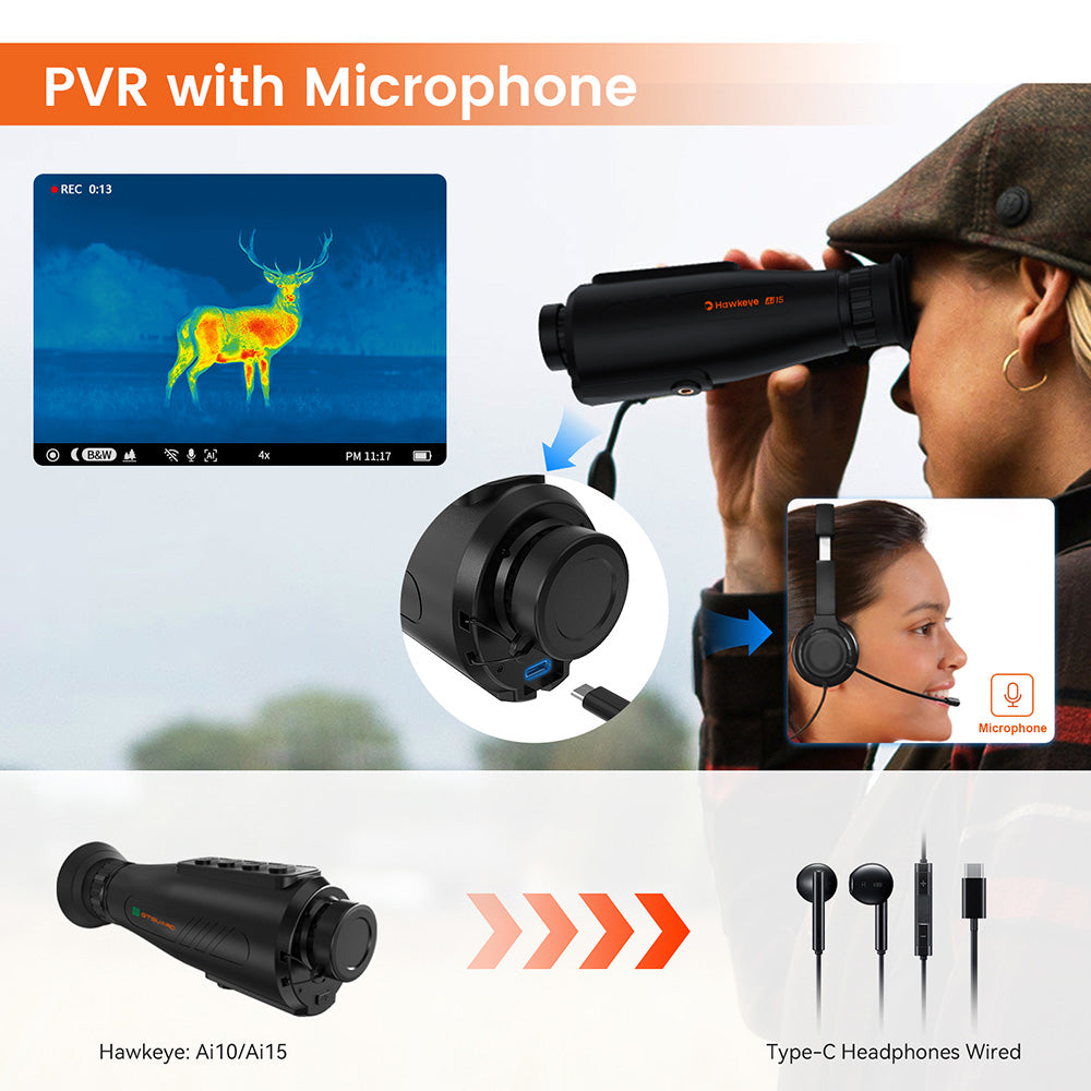 Monocular de visión nocturna con imagen térmica GTGUARD AI15, frecuencia de actualización de pantalla de 60 Hz, zoom digital de 1-8x, resolución de 384*288, impermeable IP66, almacenamiento integrado de 32 GB, 5 modos de imagen, batería de 4000 mAh.