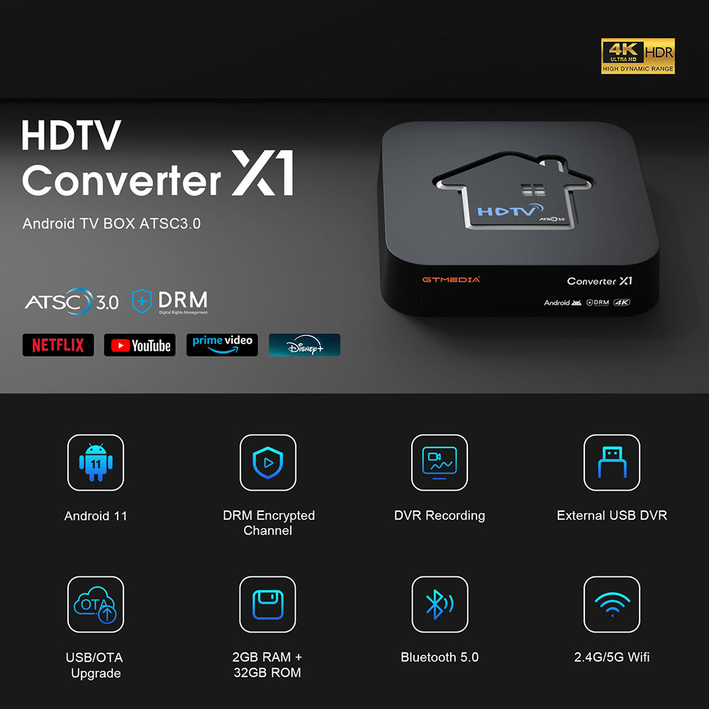 GTMEDIA HDTV Converter X1 TV Box, Android 11, ATSC 3.0 DRM, DVR Recording, 4K HDR, Built-in Miracast, 2GB RAM 32GB ROM, Bluetooth 5.0, 2.4G/5G WiFi - US Plug