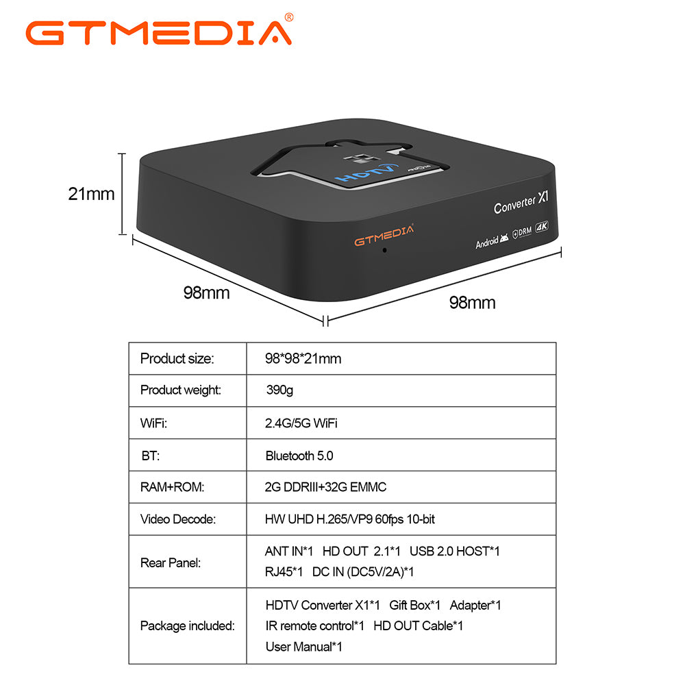 GTMEDIA HDTV Converter X1 TV Box, Android 11, ATSC 3.0 DRM, DVR Recording, 4K HDR, Built-in Miracast, 2GB RAM 32GB ROM, Bluetooth 5.0, 2.4G/5G WiFi - US Plug