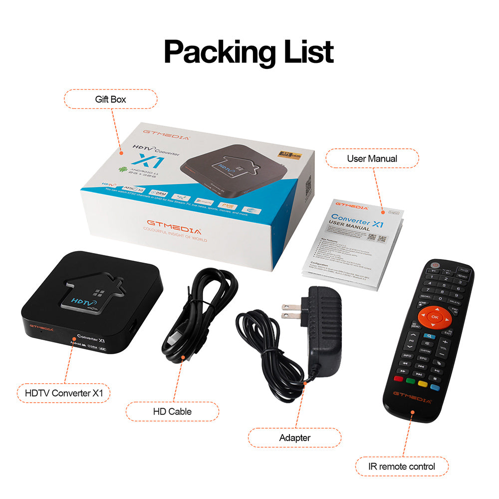 GTMEDIA HDTV Converter X1 TV Box, Android 11, ATSC 3.0 DRM, DVR Recording, 4K HDR, Built-in Miracast, 2GB RAM 32GB ROM, Bluetooth 5.0, 2.4G/5G WiFi - US Plug
