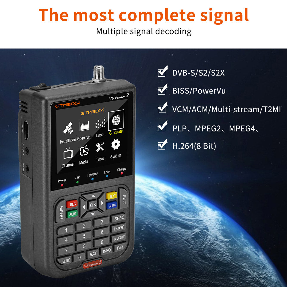 GTMEDIA V8 Finder 2 Satellite Finder Digital FTA DVB-S/S2/S2X Signal Measuring Meter Detector Receiver - Black