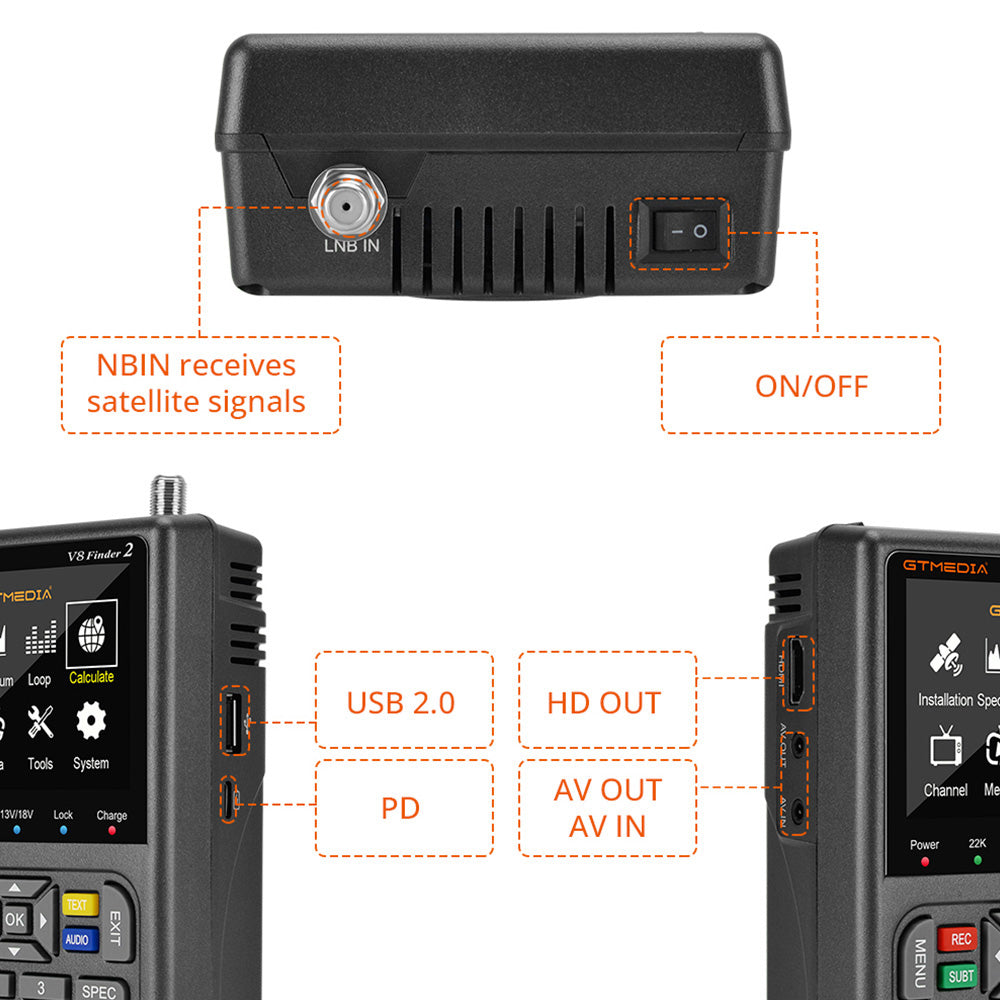 GTMEDIA V8 Finder 2 Satellite Finder Digital FTA DVB-S/S2/S2X Signal Measuring Meter Detector Receiver - Black
