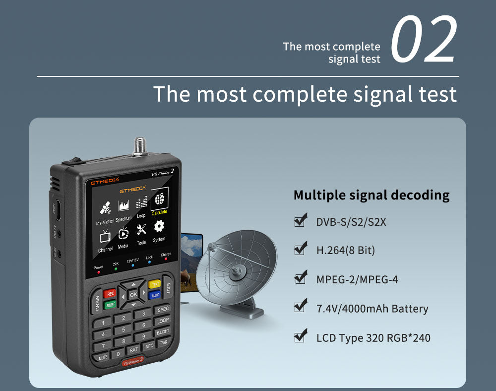 GTMEDIA V8 Finder 2 Satellite Finder Digital FTA DVB-S/S2/S2X Signal Measuring Meter Detector Receiver - Black