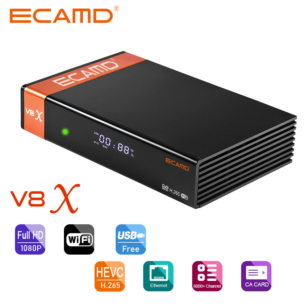 GTMEDIA ECAMD V8X LA DVB-S/S2/S2X Set Top Box, Support MU3 IKS, Built-in 2.4G WiFi, H.265 Digital TV Signal Receiver, SCART OUT CA Card Slot, 1*LNB IN 1*HDMI 1*AV OUT 1*USB 1*RJ45 1*RS232 - EU