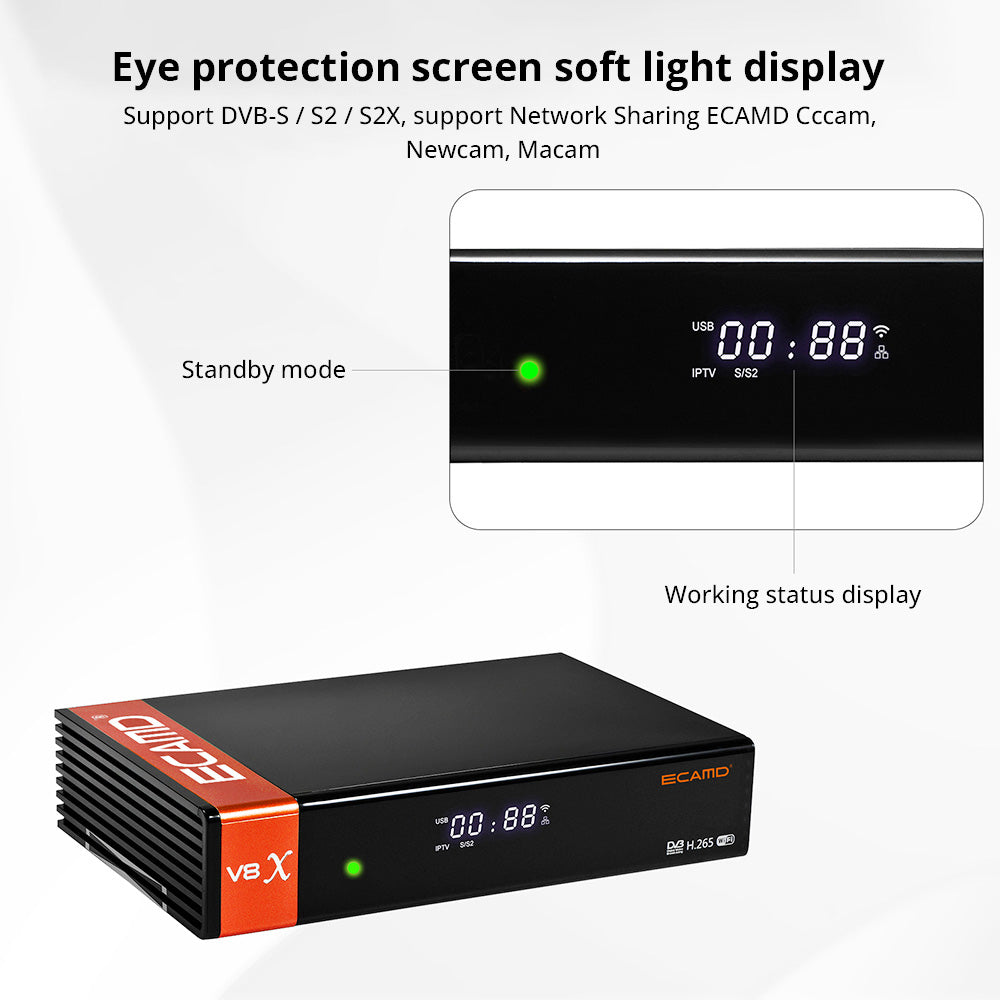 GTMEDIA ECAMD V8X LA DVB-S/S2/S2X Set Top Box, Support MU3 IKS, Built-in 2.4G WiFi, H.265 Digital TV Signal Receiver, SCART OUT CA Card Slot, 1*LNB IN 1*HDMI 1*AV OUT 1*USB 1*RJ45 1*RS232 - EU