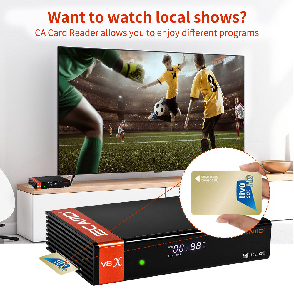 GTMEDIA ECAMD V8X LA DVB-S/S2/S2X Set Top Box, Support MU3 IKS, Built-in 2.4G WiFi, H.265 Digital TV Signal Receiver, SCART OUT CA Card Slot, 1*LNB IN 1*HDMI 1*AV OUT 1*USB 1*RJ45 1*RS232 - EU