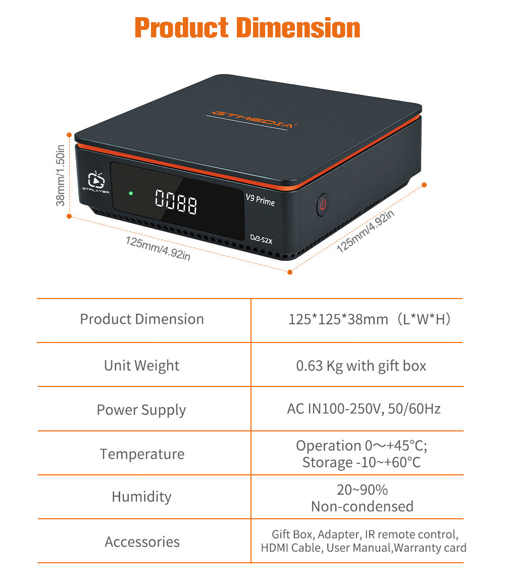 GTMEDIA V9 Prime Satellite Receiver, DVB-S/S2/S2X, HEVC 10Bit, Built-in 2.4G WiFi, Support CA Card, Biss Auto Roll - EU Plug