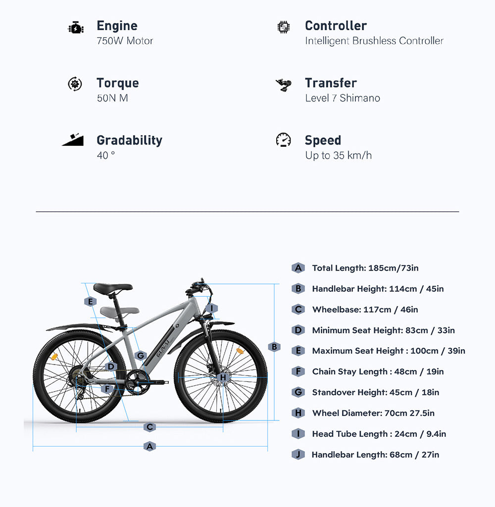GUNAI GN27 Electric Bike, 750W Motor, 48V 10.4Ah Battery, Torque Sensor, 27.5-inch Tires, 35km/h Max Speed, 70km Max Range, Shimano 7-speed, Disc Brake