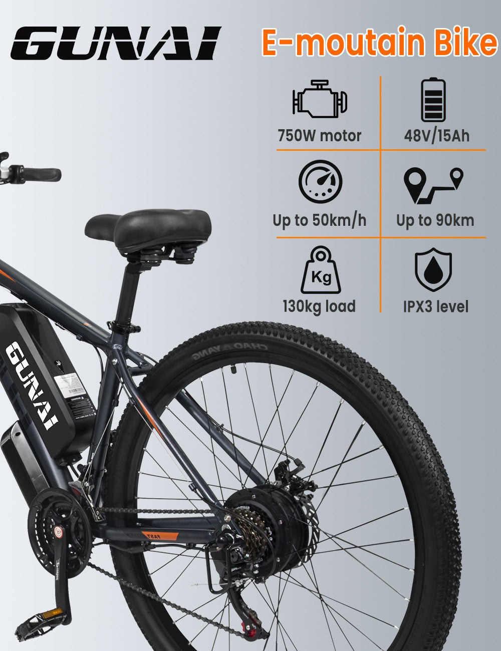 GUNAI GN29 Electric Bike 29*2.1in Tire 48V 750W Motor 50km/h Max Speed 15Ah Battery 90km Max Range Dual Disc Brakes