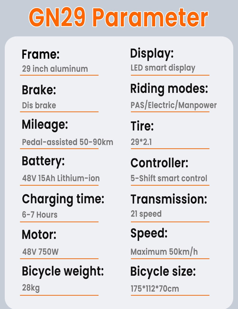 GUNAI GN29 Electric Bike 29*2.1in Tire 48V 750W Motor 50km/h Max Speed 15Ah Battery 90km Max Range Dual Disc Brakes