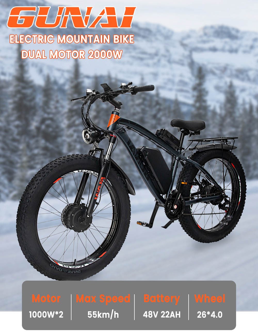 GUNAI GN88 Electric Mountain Bike 26*4.0in Fat Tires 1000W*2 Motors 55km/h Max Speed 48V 22Ah Battery 130km Range