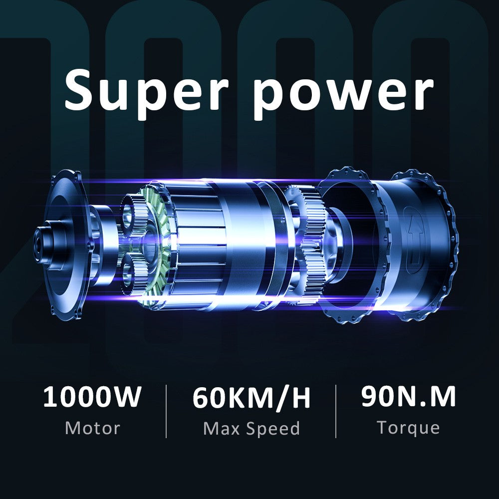 Bicicleta eléctrica GUNAI-Y, motor de 1000 W, batería de 48 V y 18 Ah, neumáticos gruesos de 20 x 4.0 pulgadas, velocidad máxima de 60 km/h, autonomía de 100 km, freno de disco hidráulico, suspensión delantera y trasera, Shimano de 7 velocidades.