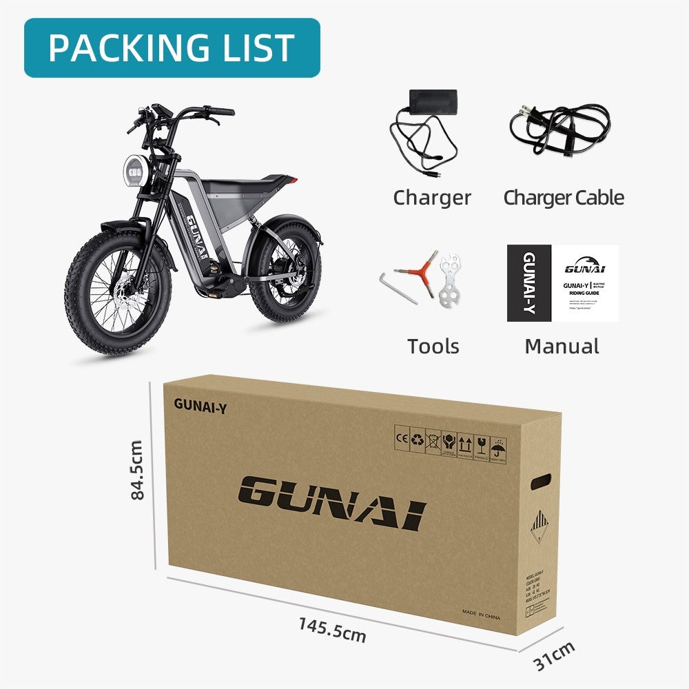 Bicicleta eléctrica GUNAI-Y, motor de 1000 W, batería de 48 V y 18 Ah, neumáticos gruesos de 20 x 4.0 pulgadas, velocidad máxima de 60 km/h, autonomía de 100 km, freno de disco hidráulico, suspensión delantera y trasera, Shimano de 7 velocidades.
