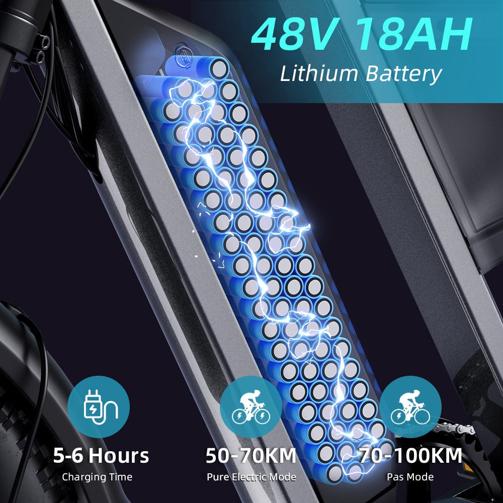 Bicicleta eléctrica GUNAI-Y, motor de 1000 W, batería de 48 V y 18 Ah, neumáticos gruesos de 20 x 4.0 pulgadas, velocidad máxima de 60 km/h, autonomía de 100 km, freno de disco hidráulico, suspensión delantera y trasera, Shimano de 7 velocidades.