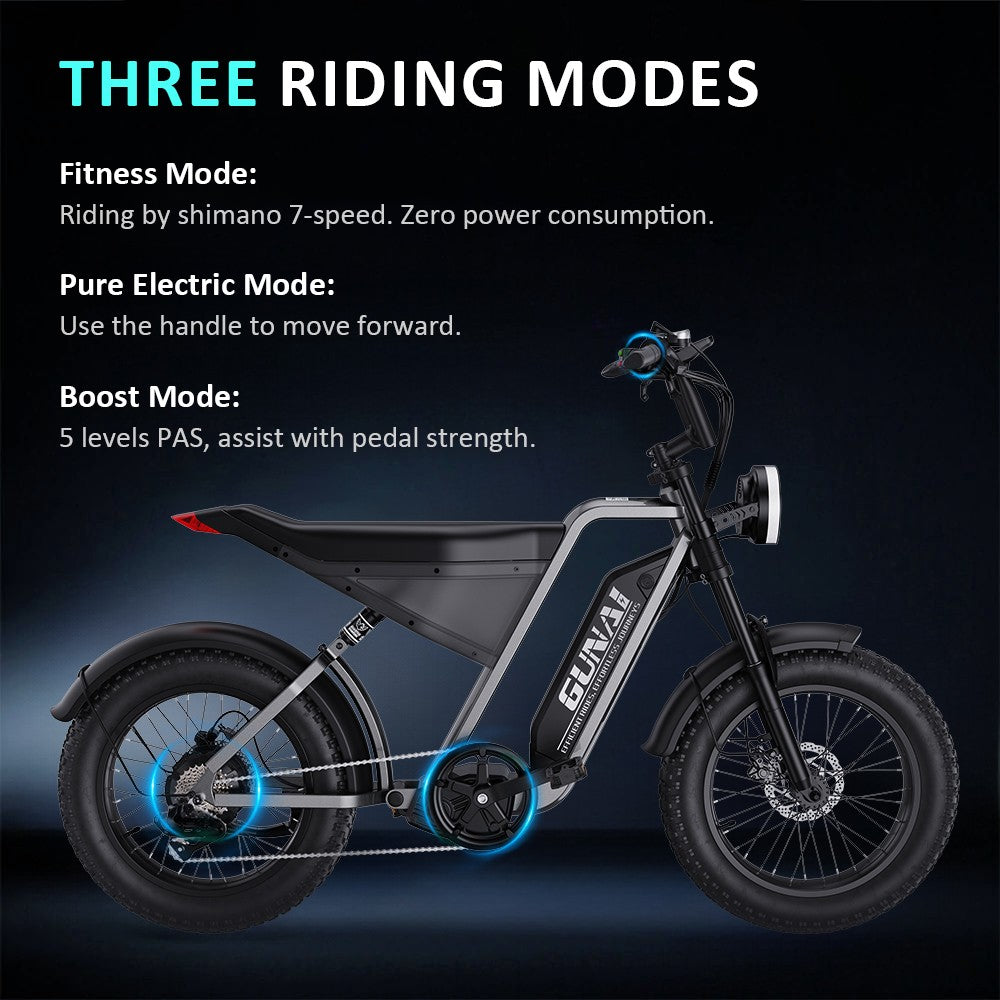 Bicicleta eléctrica GUNAI-Y, motor de 1000 W, batería de 48 V y 18 Ah, neumáticos gruesos de 20 x 4.0 pulgadas, velocidad máxima de 60 km/h, autonomía de 100 km, freno de disco hidráulico, suspensión delantera y trasera, Shimano de 7 velocidades.