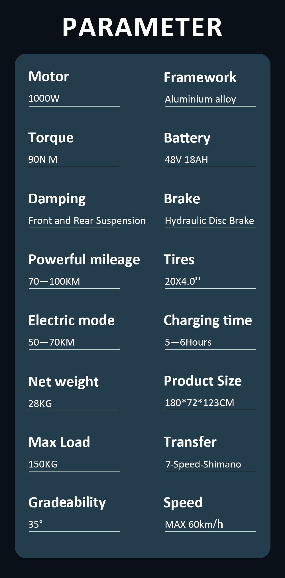 Bicicleta eléctrica GUNAI-Y, motor de 1000 W, batería de 48 V y 18 Ah, neumáticos gruesos de 20 x 4.0 pulgadas, velocidad máxima de 60 km/h, autonomía de 100 km, freno de disco hidráulico, suspensión delantera y trasera, Shimano de 7 velocidades.
