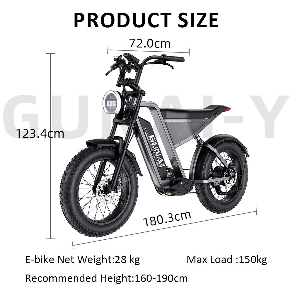 Bicicleta eléctrica GUNAI-Y, motor de 1000 W, batería de 48 V y 18 Ah, neumáticos gruesos de 20 x 4.0 pulgadas, velocidad máxima de 60 km/h, autonomía de 100 km, freno de disco hidráulico, suspensión delantera y trasera, Shimano de 7 velocidades.
