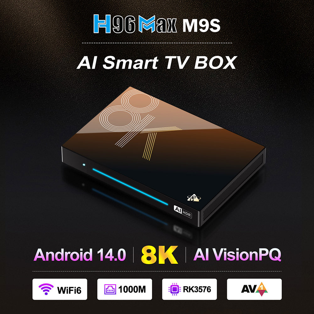H96 Max M9S Android 14 TV Box, 8GB RAM 128GB ROM, RK3576 8 Cores, 8K AV1 Decoding, WiFi 6, Bluetooth 5.4, 1*USB3.0 1*USB2.0 1*HDMI2.1 1*1000M Ethernet 1*SPDIF 1*Audio