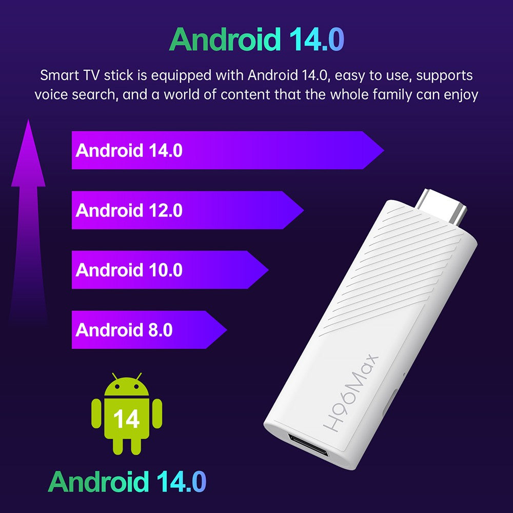 H96 Max H313 Android 14 TV Stick, 2GB RAM 16GB ROM, ARM Cortex A53 Quad Core, 4K UHD, WiFi 6, Built-in Chromecast, Google Play Games, 1*HDMI, 1*USB 2.0