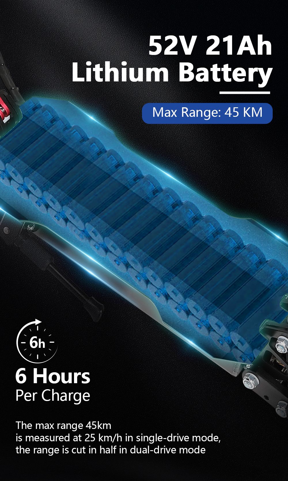 Halo Knight T104 Elektroroller, 10-Zoll-Geländereifen, 2 x 1000-W-Motor, 65 km/h Höchstgeschwindigkeit, Fernbedienung, 52-V-21-Ah-Akku, 45 km Reichweite – Schwarz