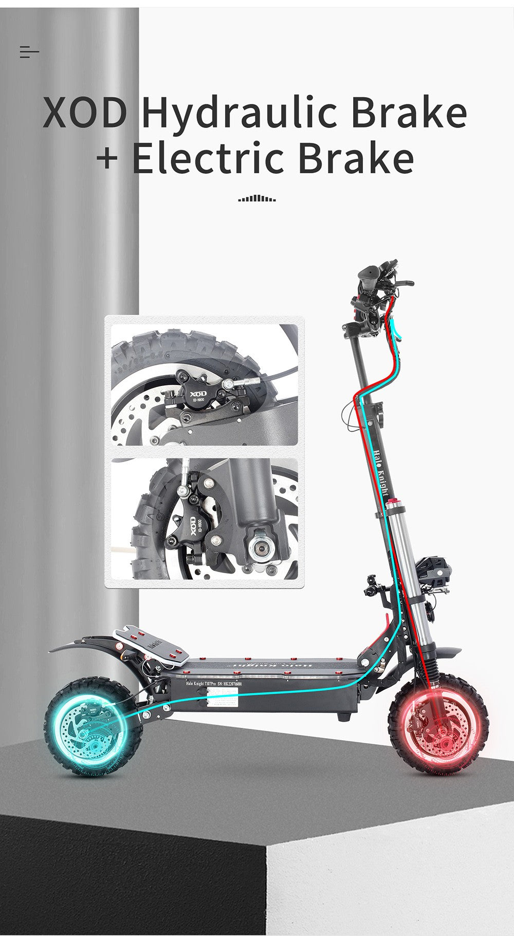 Patinete Eléctrico Halo Knight T107 Pro, neumático todoterreno de 11'', motor dual de 3000W*2, velocidad máxima de 95 km/h, batería de 60V 38.4Ah, autonomía máxima de 80 km.