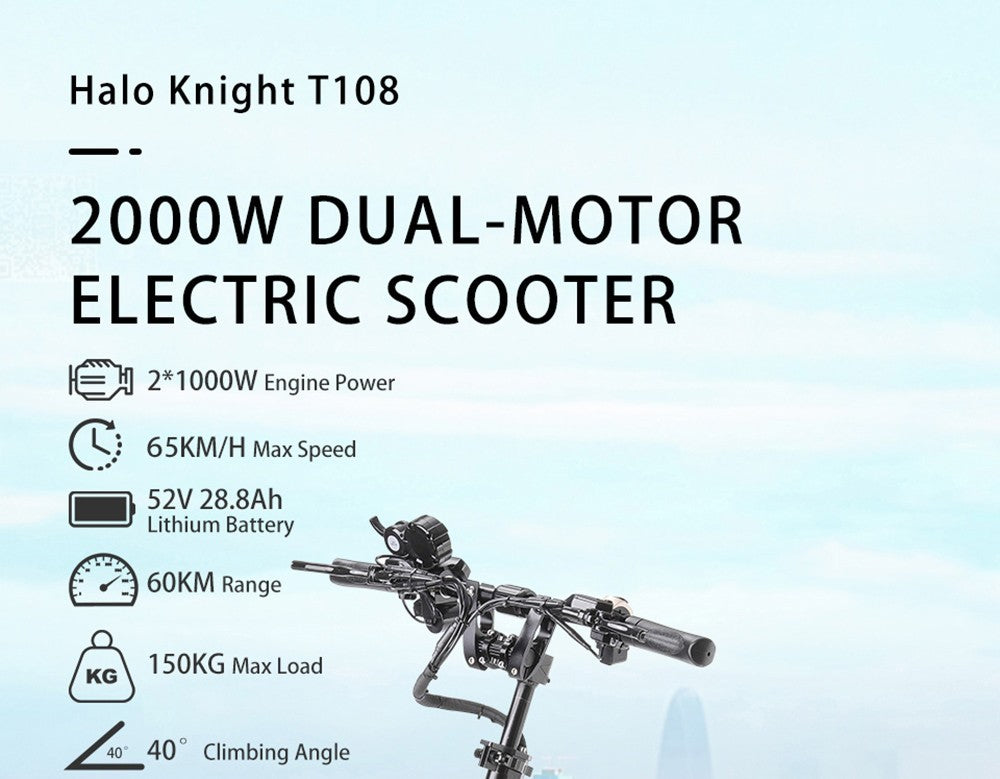 Halo Knight T108 Elektroroller, 10-Zoll-Straßenreifen, 2 x 1000-W-Motor, 65 km/h Höchstgeschwindigkeit, 52-V-28,8-Ah-Akku, 60 km maximale Reichweite