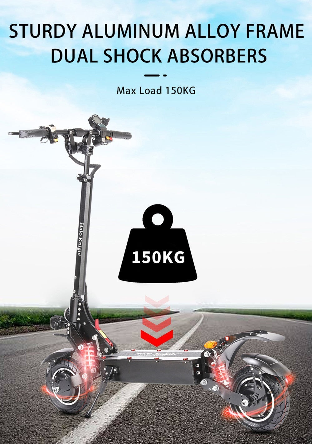 Halo Knight T108 Elektroroller, 10-Zoll-Straßenreifen, 2 x 1000-W-Motor, 65 km/h Höchstgeschwindigkeit, 52-V-28,8-Ah-Akku, 60 km maximale Reichweite