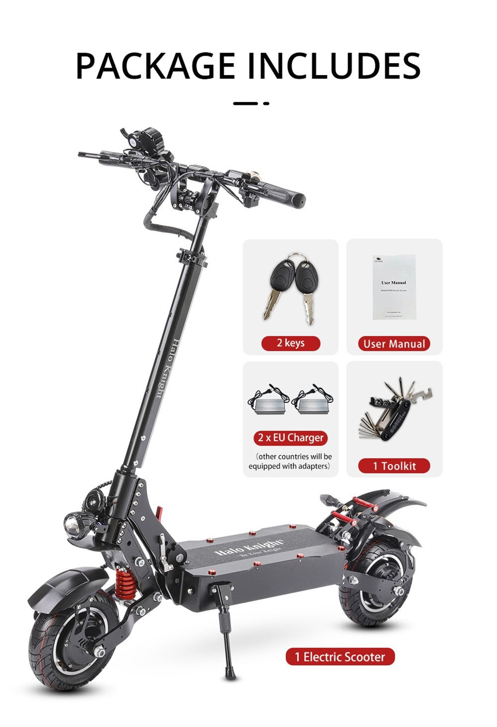 Halo Knight T108 Elektroroller, 10-Zoll-Straßenreifen, 2 x 1000-W-Motor, 65 km/h Höchstgeschwindigkeit, 52-V-28,8-Ah-Akku, 60 km maximale Reichweite
